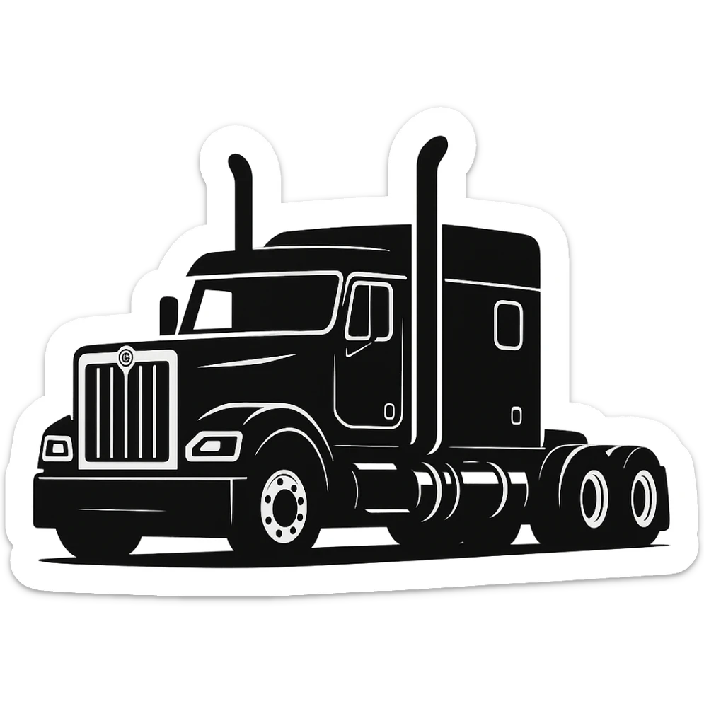 Edit the image of a 2026 Kenworth W680 flattop black semi sleeper with stacks, no cans, minimal style, with no background. Use a minimal style approach and keep no background. sticker