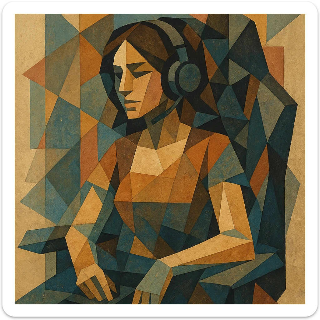 female streamer with headphones and a gaming chair, cubist abstraction style sticker