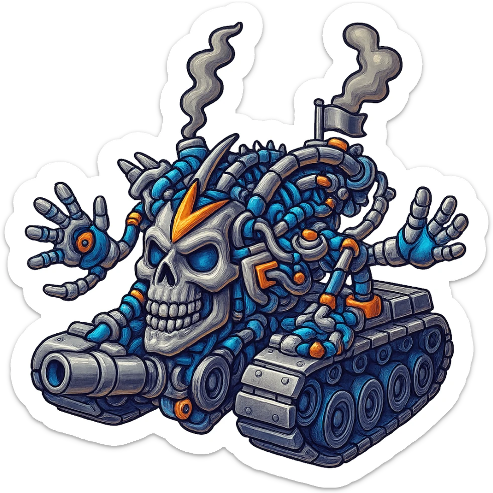 Edit the skull robot tank to have 4 distinct arms, all metal parts shiny silver with some non-metal elements featuring vibrant color accents. Maintain the retro stickers style with a clean outline and transparent background. sticker