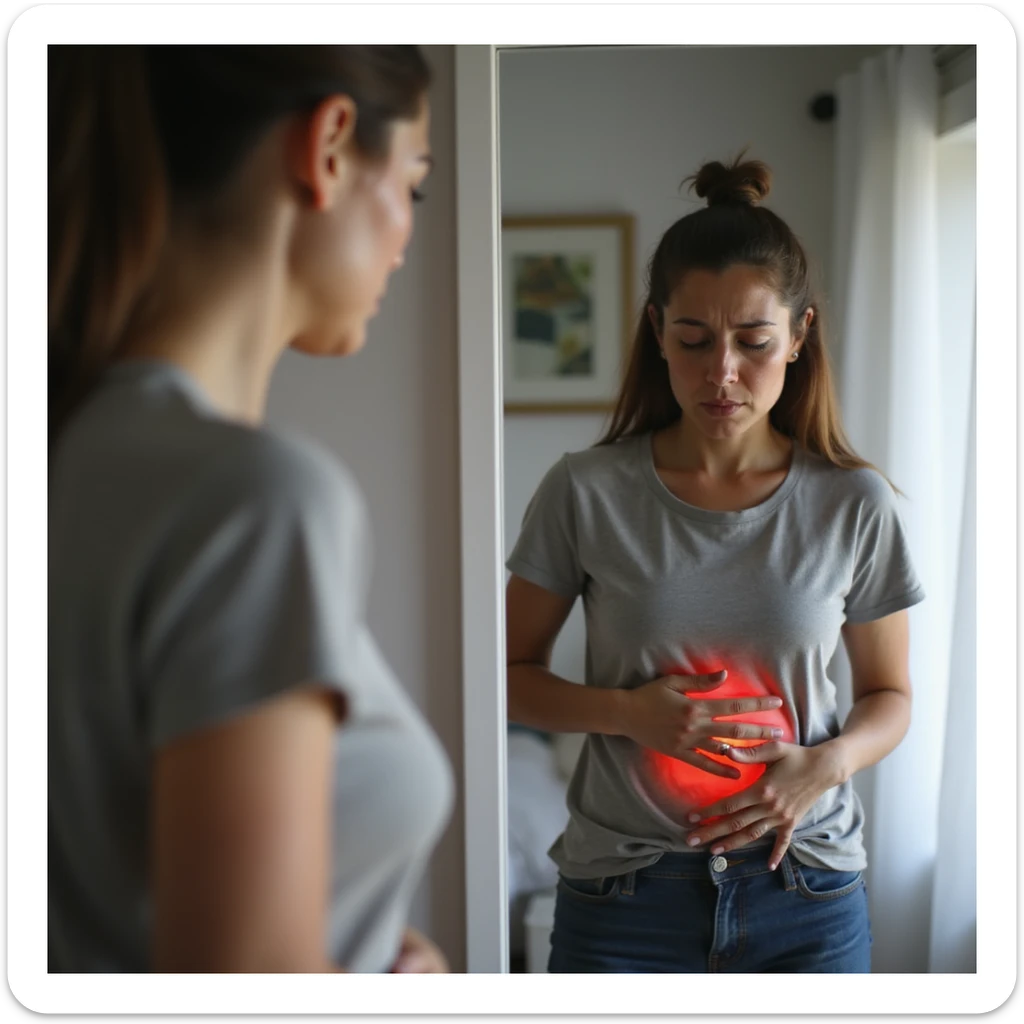 adult woman, photorealistic, intestinal discomfort, standing in front of mirror, hands on abdomen, worried look, natural light, bathroom background sticker