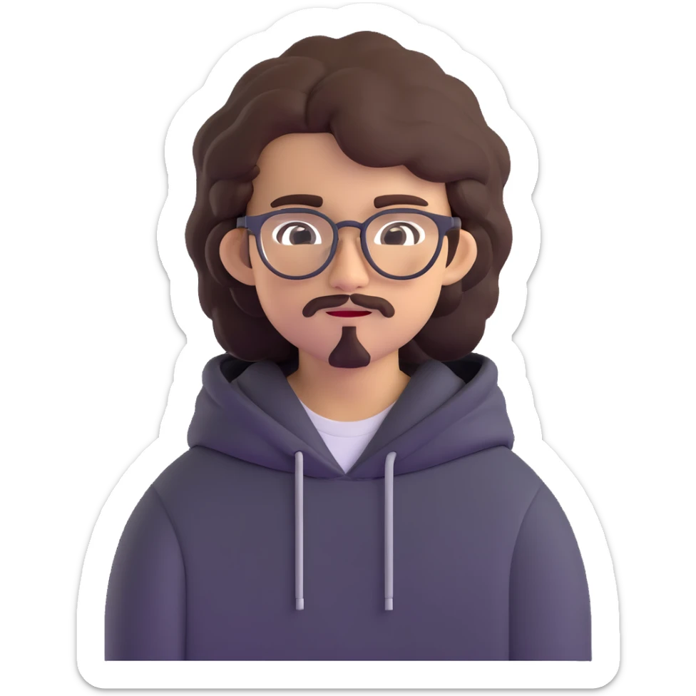 Malay teenager with fluffy hair, long face, light mustache, glasses, and a black hoodie sticker