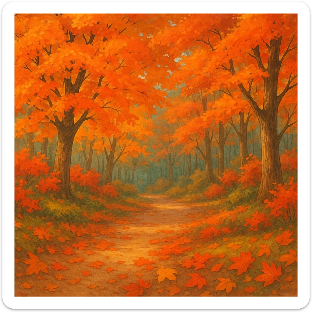 fall season scene with colorful autumn leaves, cozy atmosphere, ghibli style sticker