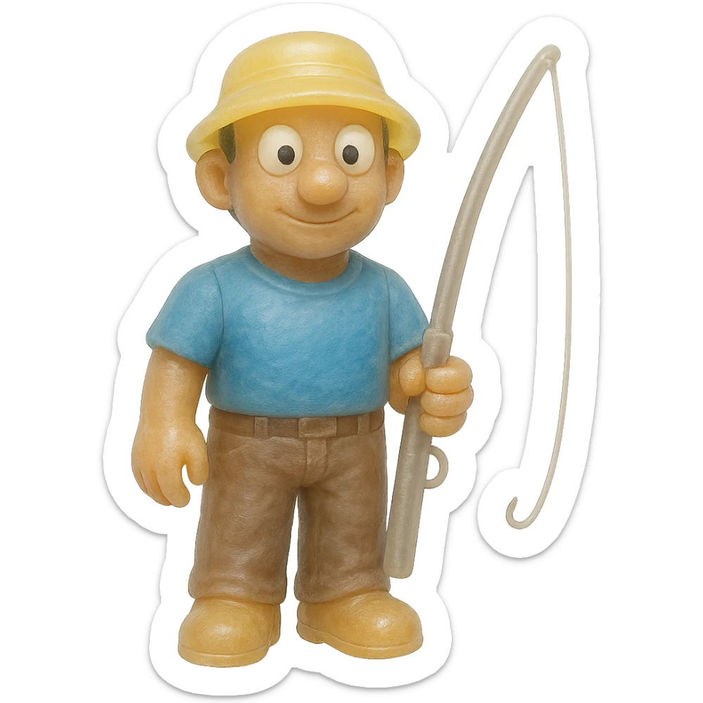 Edit the fisherman figure to have pants and make the fishing pole more noticeable. Maintain the style of a full-body, retro 90's toy with very transparent and slightly see-through appearance, natural tan skin, blue shirt, yellow hat, large white eyeballs with small black pupils, soft plastic texture, soft reflections, soft and squishy feel, some cloudiness, not shiny, highly detailed and appealing. No tag and no background. sticker