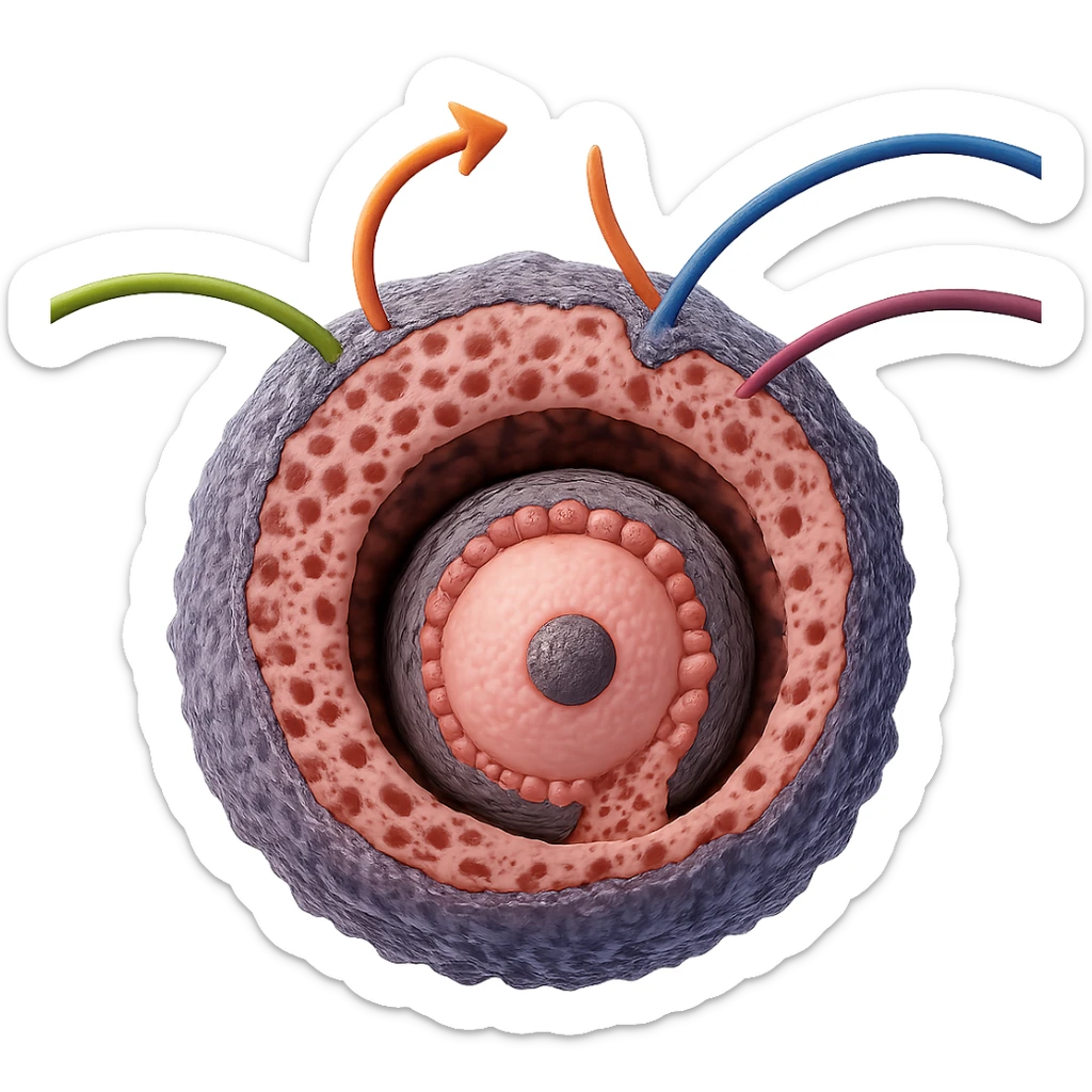 Create a hyperrealistic 4K version of the diagram of a female sex hormone as shown in the reference image. The image should be isolated on a white background with realistic details of cells and structures. No text should be included. Focus on photorealistic style and scientific accuracy. sticker