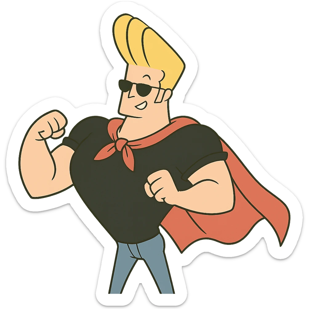 johnny bravo cartoon character, wearing a superhero cape, cartoon style sticker