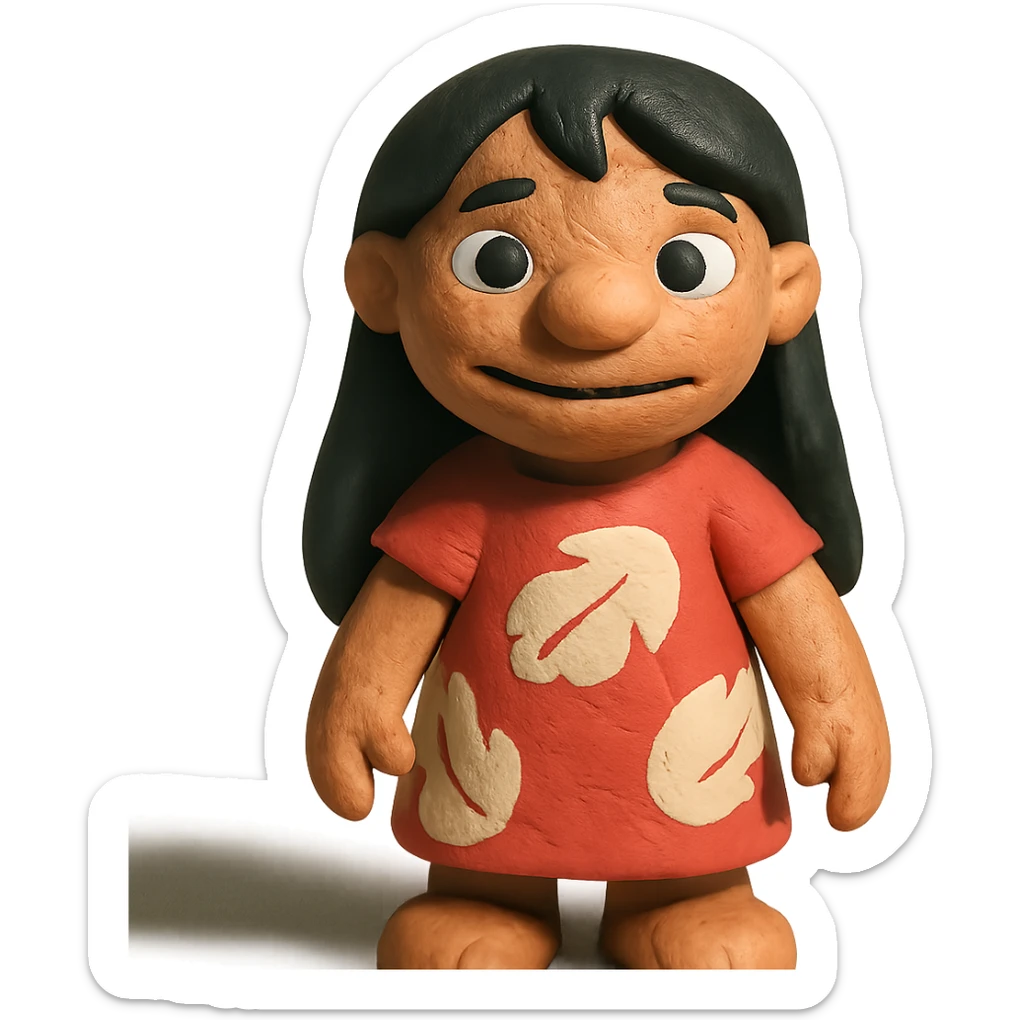 Lilo-inspired girl, claymation style, red dress, black hair, textured look sticker