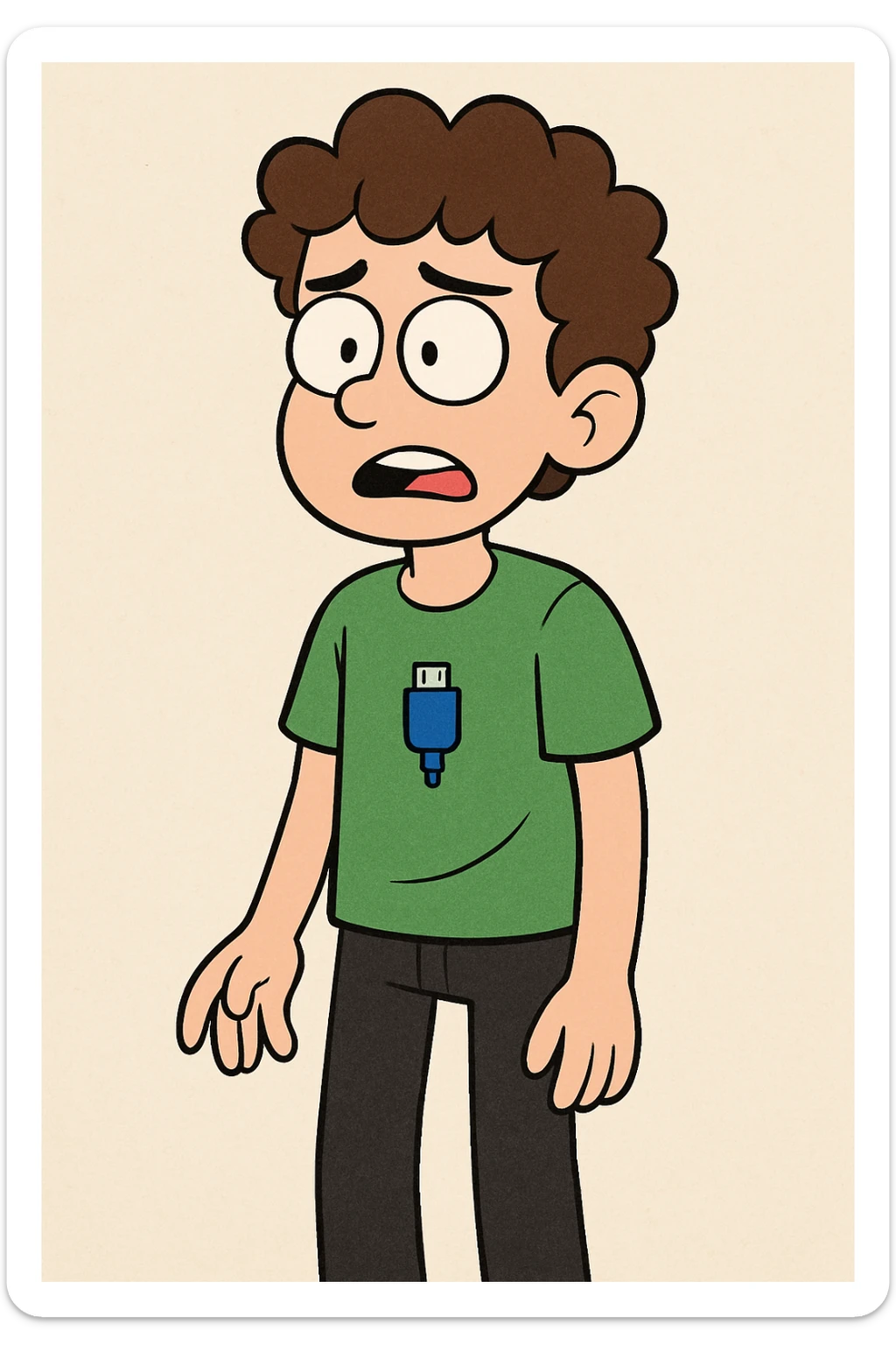 A boy brown curly hair green t-shirt Bright Blue Connector 2.0 (STSU207) black jeans sticker