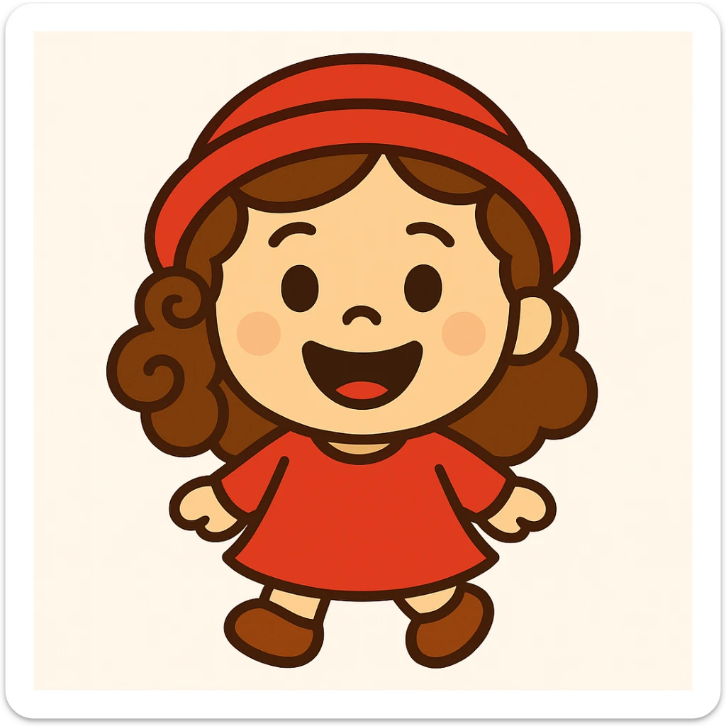 Create an emoji-style icon of a happy little girl with brown curly hair, light skin, wearing a red dress, red hat, and brown shoes. The style is inspired by the logo of Little Lulu, featuring a joyful face. The image should capture the cheerful and playful essence of the character. sticker