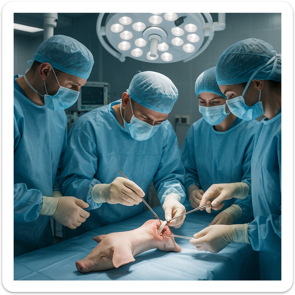 modern operating room with a team of doctors in gowns and gloves carefully extracting a ligament from a pig's knee on a surgical table, sterile atmosphere, realistic details, 4K quality sticker