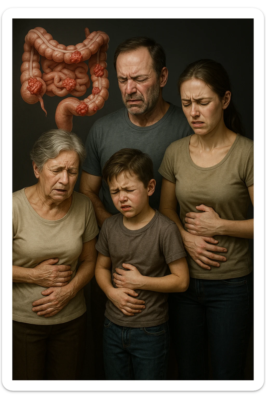 UNA SFILZA DI PARENTI TUTTE MALATE DI CANCRO AL COLON, SI TRAMANDO IL CANCRO NELLE GENERAZIONI, INTESTINO ANATOMICO VISIBILE ED ESPRESSIONE DI DOLORE IN VOLTO, MAL DI PANCIA, FALLA IPERREALISTICA 4K, NON DISEGNATA sticker