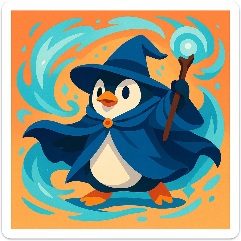 a penguin wizard with a flowing cloak, icy blue magic swirling around, in a fantasy art style sticker