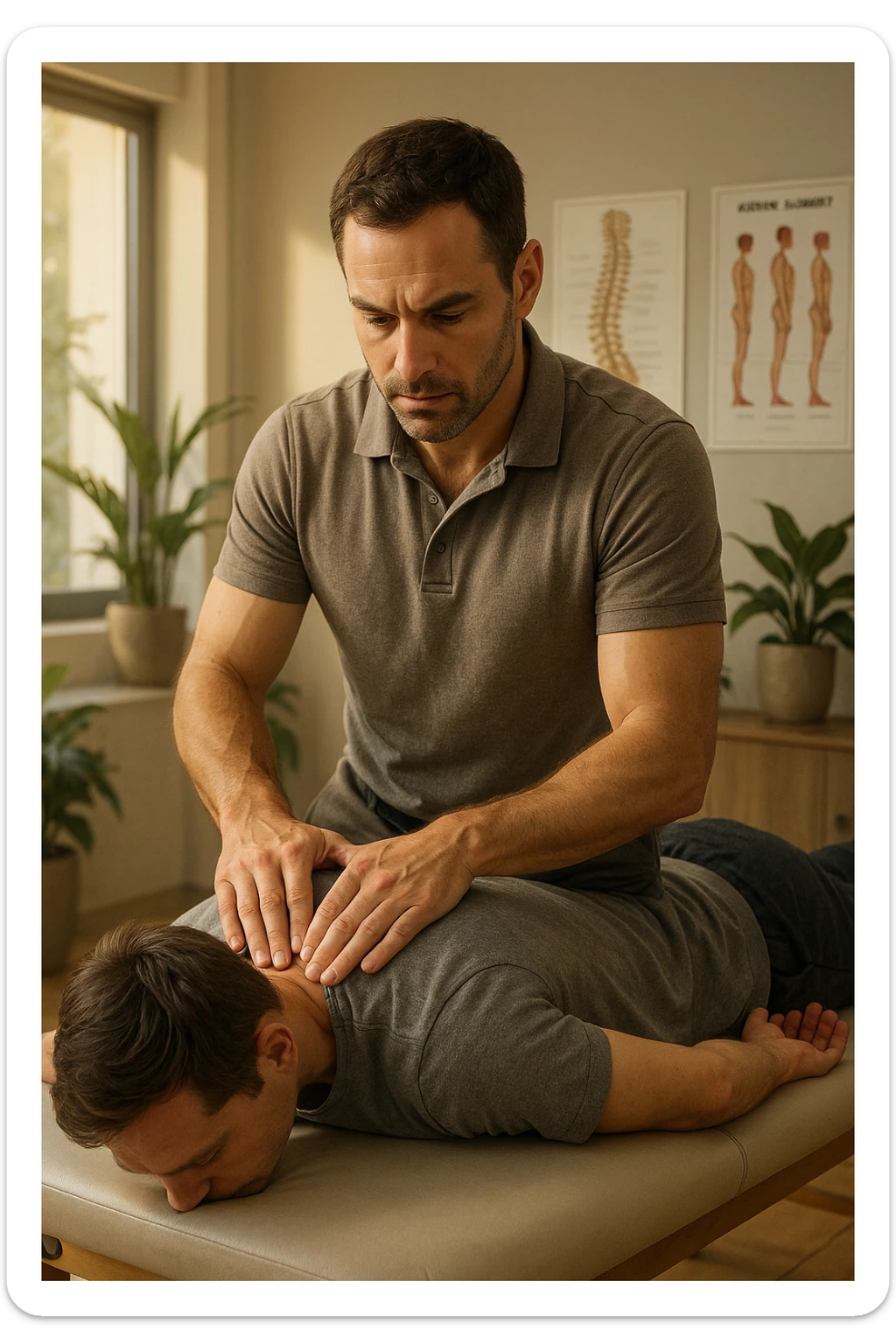 A realistic, cinematic illustration of a professional osteopath in his late 30s, wearing a fitted polo shirt in a neutral color, performing gentle manual manipulations on a patient to improve posture. The osteopath uses precise hand placement along the patient's upper back and cervical spine while the patient lies on a comfortable treatment table in a bright, modern clinic. Anatomical posters showing the spine and posture alignment are on the wall, and the room has warm, natural lighting with plants for a calming atmosphere. The scene emphasizes hands-on osteopathic care to restore body alignment, spinal mobility, and posture, showcasing trust, professionalism, and holistic care sticker