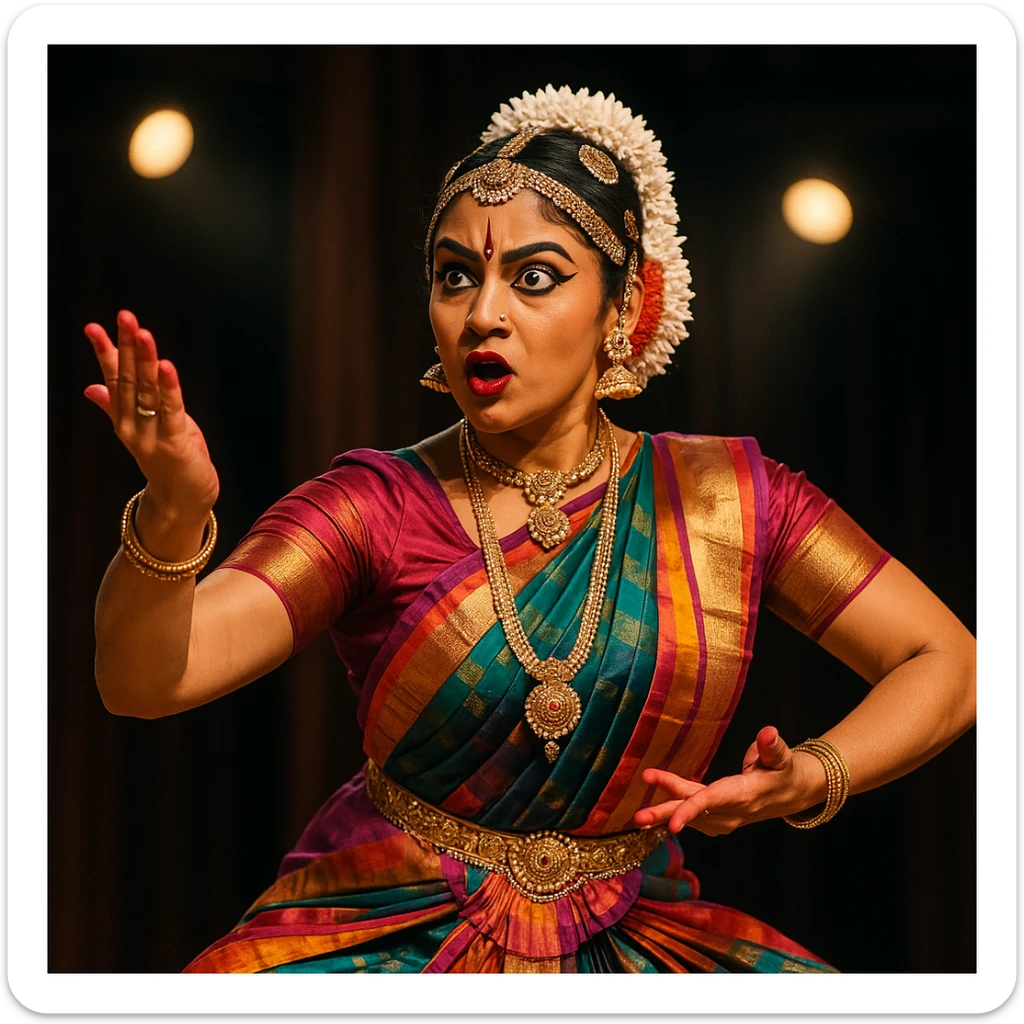 Bharatanatyam dancer, mid-performance, colorful silk saree, temple jewelry, dramatic facial expression, stage background sticker