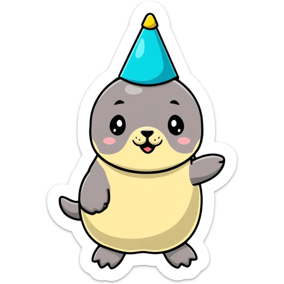 A cute seal wearing a colorful party hat, similar to a sustainable fuel plant logo sticker