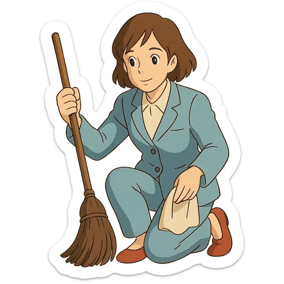 light-skinned woman in a light blue suit cleaning sticker