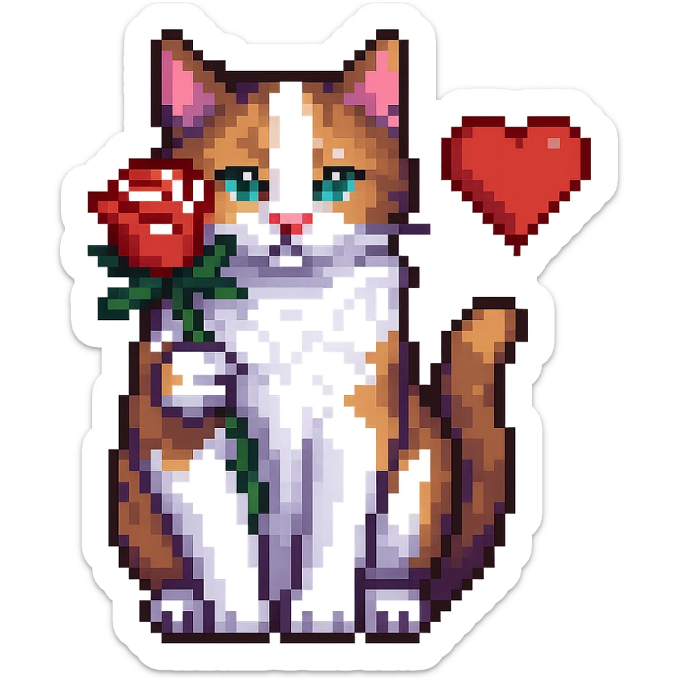 Add a heart to the tricolor cat holding a rose, keep the background transparent, pixel art style. sticker