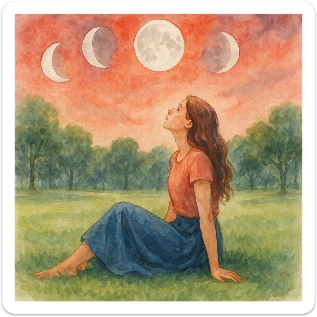 mujer sentada en el pasto en un parque, cielo rojizo, mirando hacia arriba, lunas de las 4 fases alrededor, estilo acuarela, pintura suave y fluida sticker