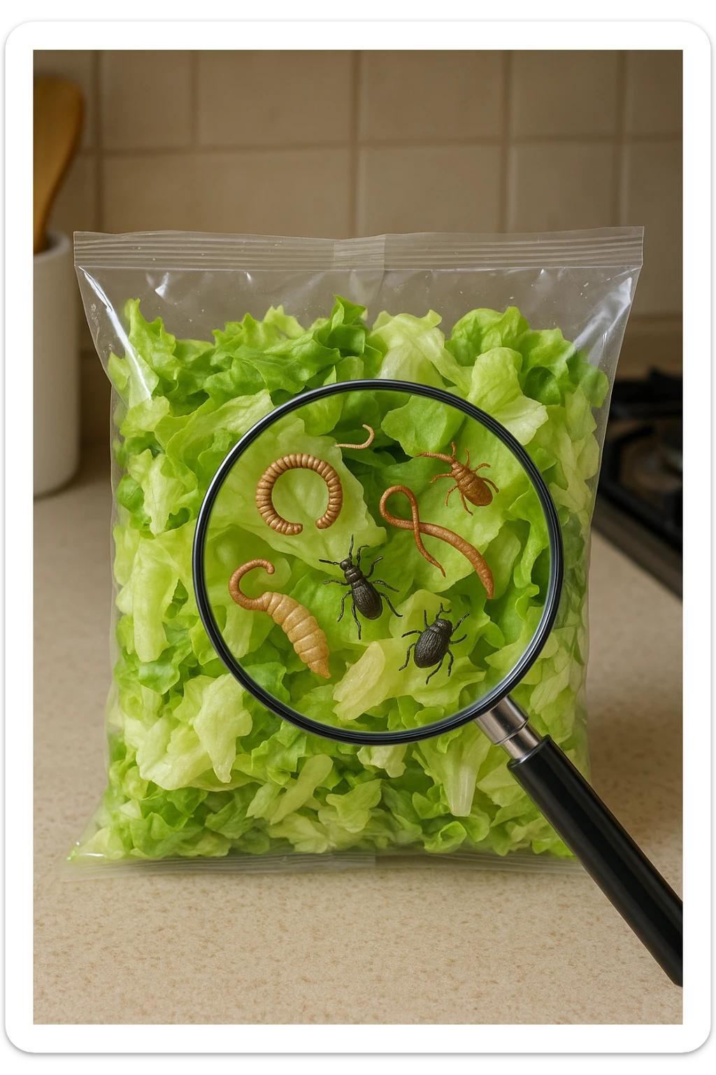 Insalata in busta ricca di pa transparent plastic bag of pre-washed salad sits on a kitchen counter. Through the bag, small, detailed images of various parasites (such as worms, larvae, or microscopic bugs) are visible among the lettuce leaves. A magnifying glass hovers over the bag, enlarging the parasites for emphasis. The mood is cautionary and educational.arassiti sticker