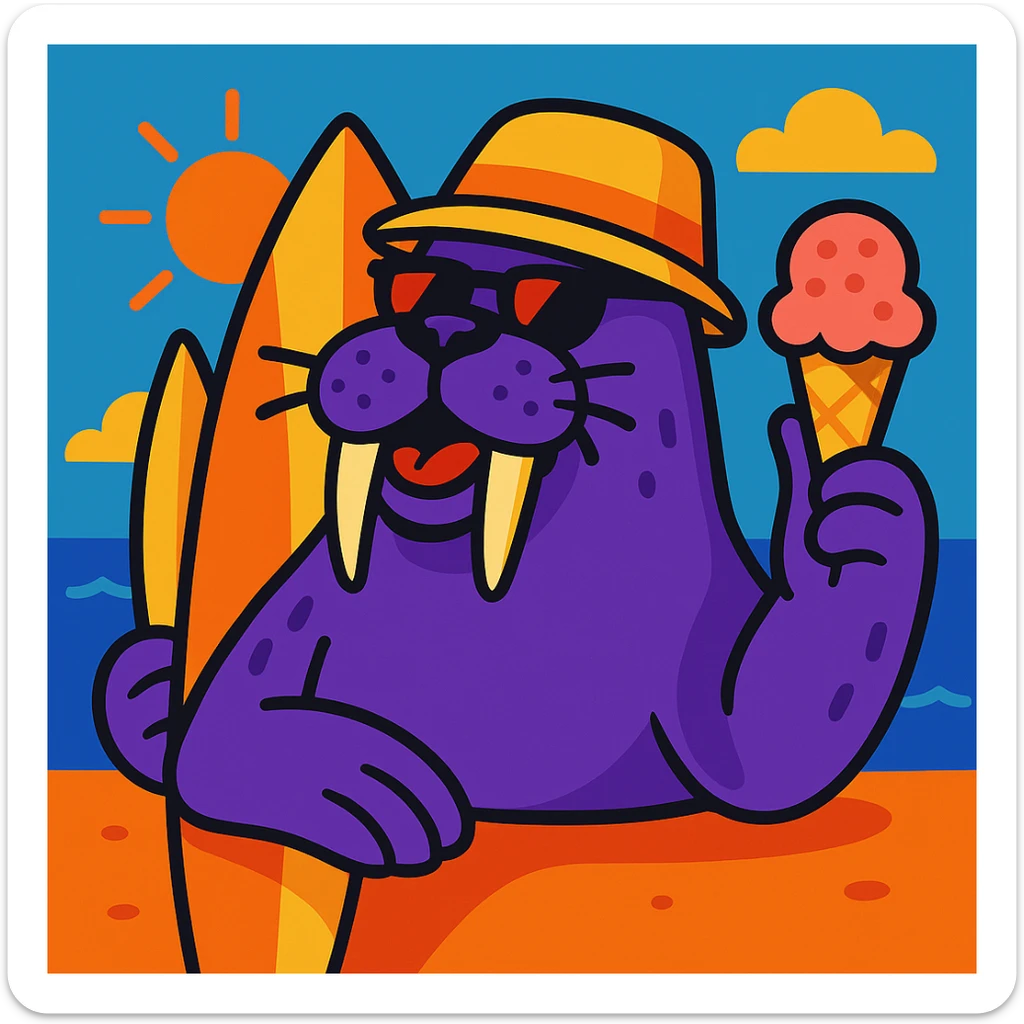 Add a surfboard to the purple walrus enjoying summer and holding an ice cream, keep the fun illustration style. sticker