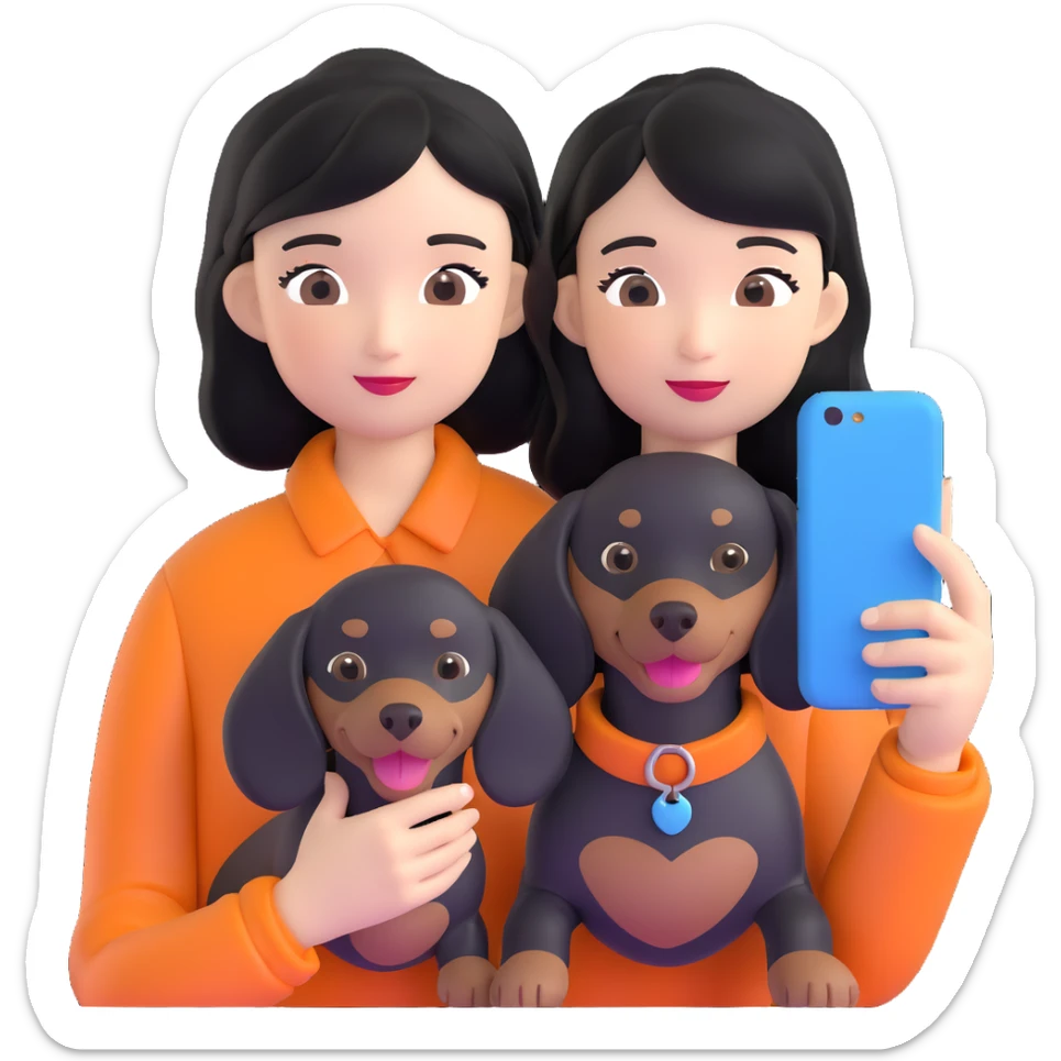black hair asian girl taking selfie with black dachshund sticker
