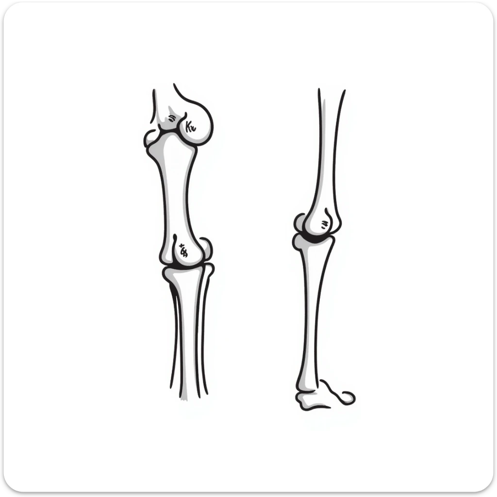 anatomical drawing of knee bones showing patella, femur, tibia, and fibula with labels sticker