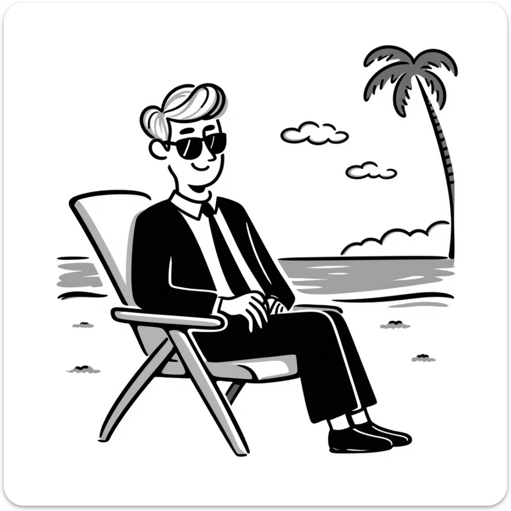blonde businessman in formal suit sitting in a beach chair on a tropical vacation, relaxing sticker