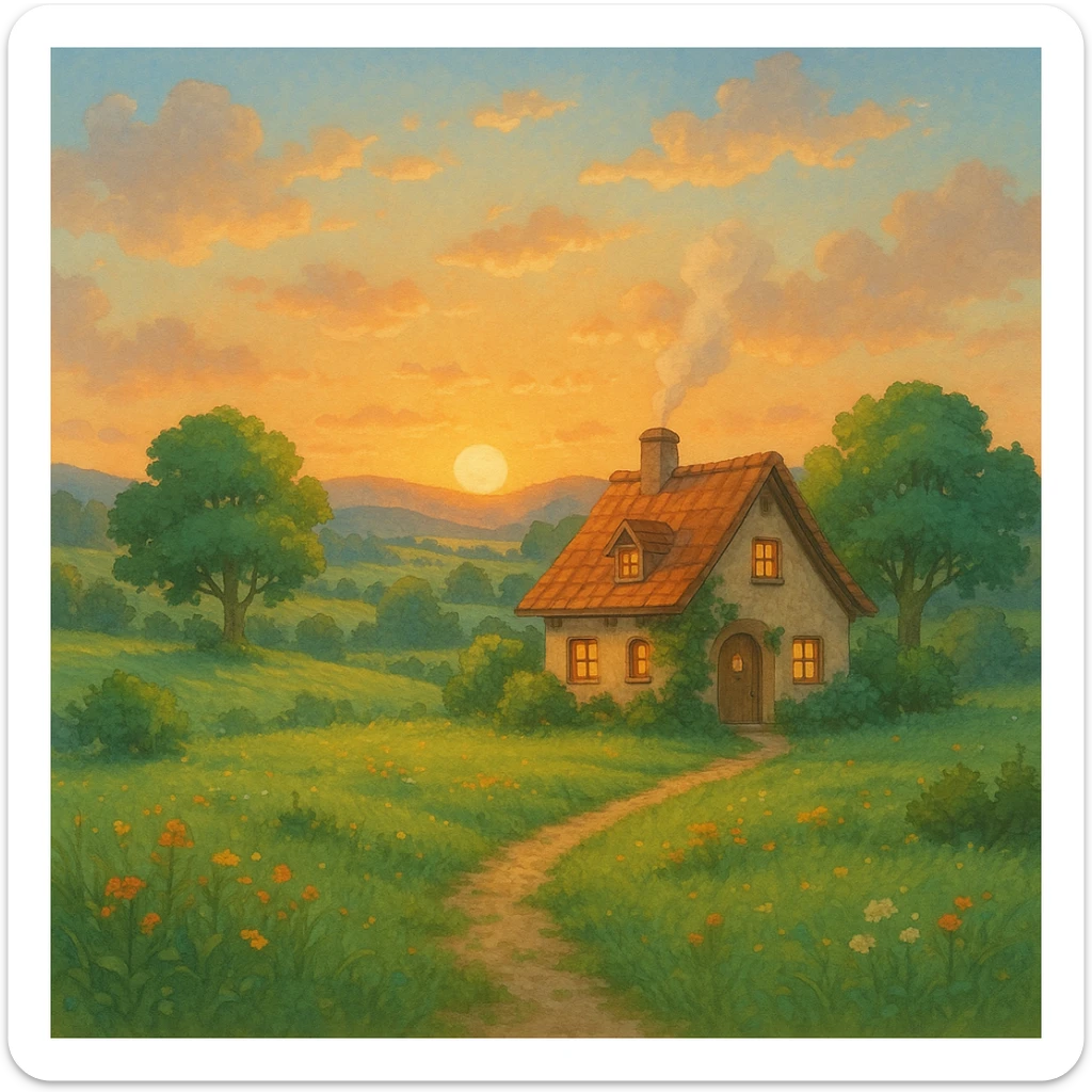 dream life as a peaceful landscape with a cozy house, sunrise, and nature, in ghibli style sticker