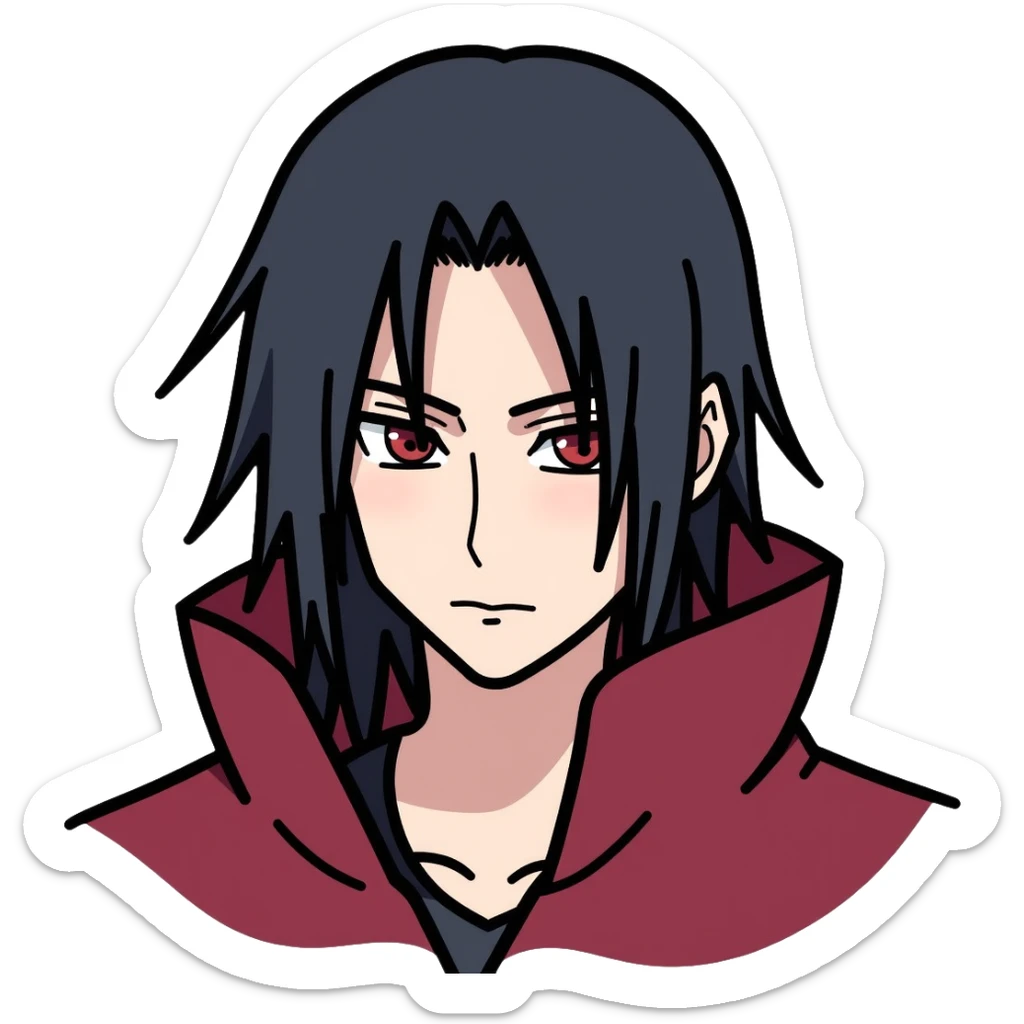 Itachi Uchiha with long black hair, Sharingan eyes, facial lines under his eyes, wearing Akatsuki cloak sticker