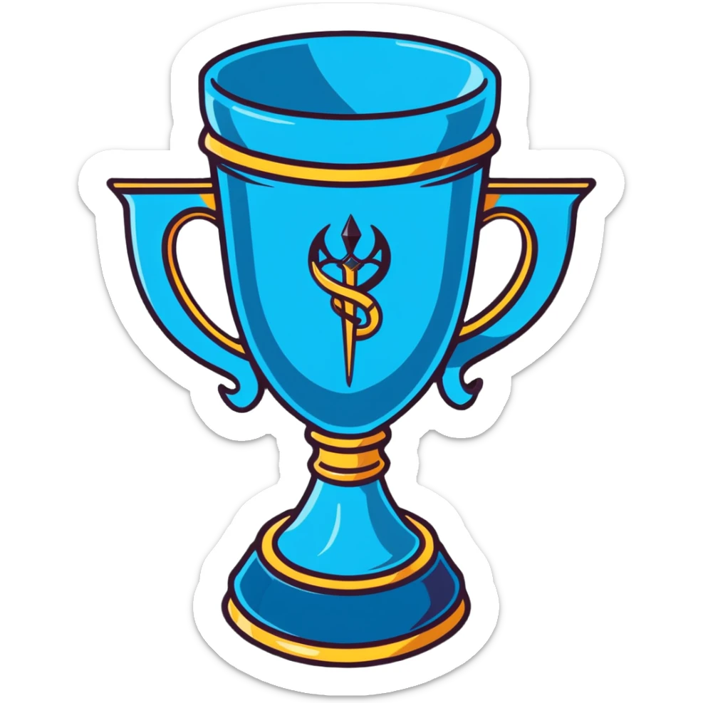 Harry Potter film accurate Triwizard Cup trophy, wide chalice with faceted design, two elaborate serpent handles on sides, glowing blue sticker