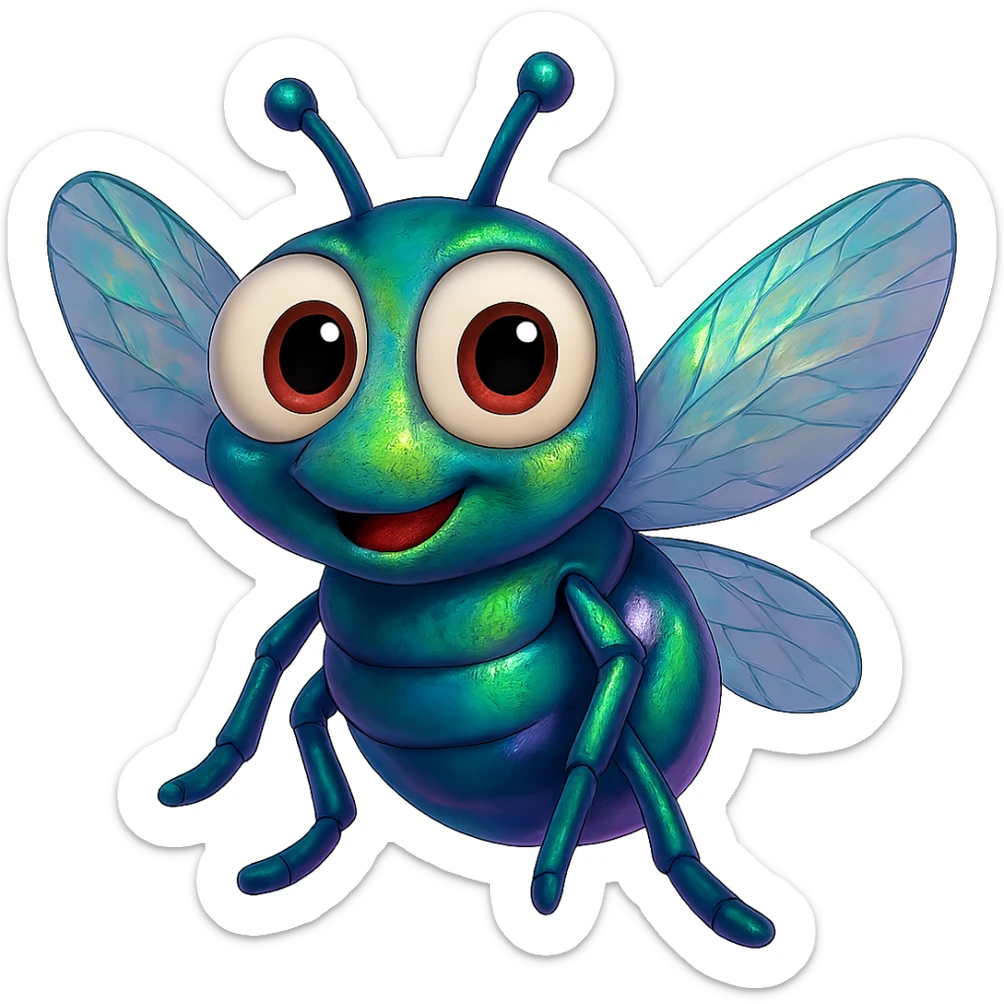 can you change its colors to look more like a real fly but leave it colorful, just add some Iridescent like on a real fly. leave the eyeballs white. trasparent background sticker