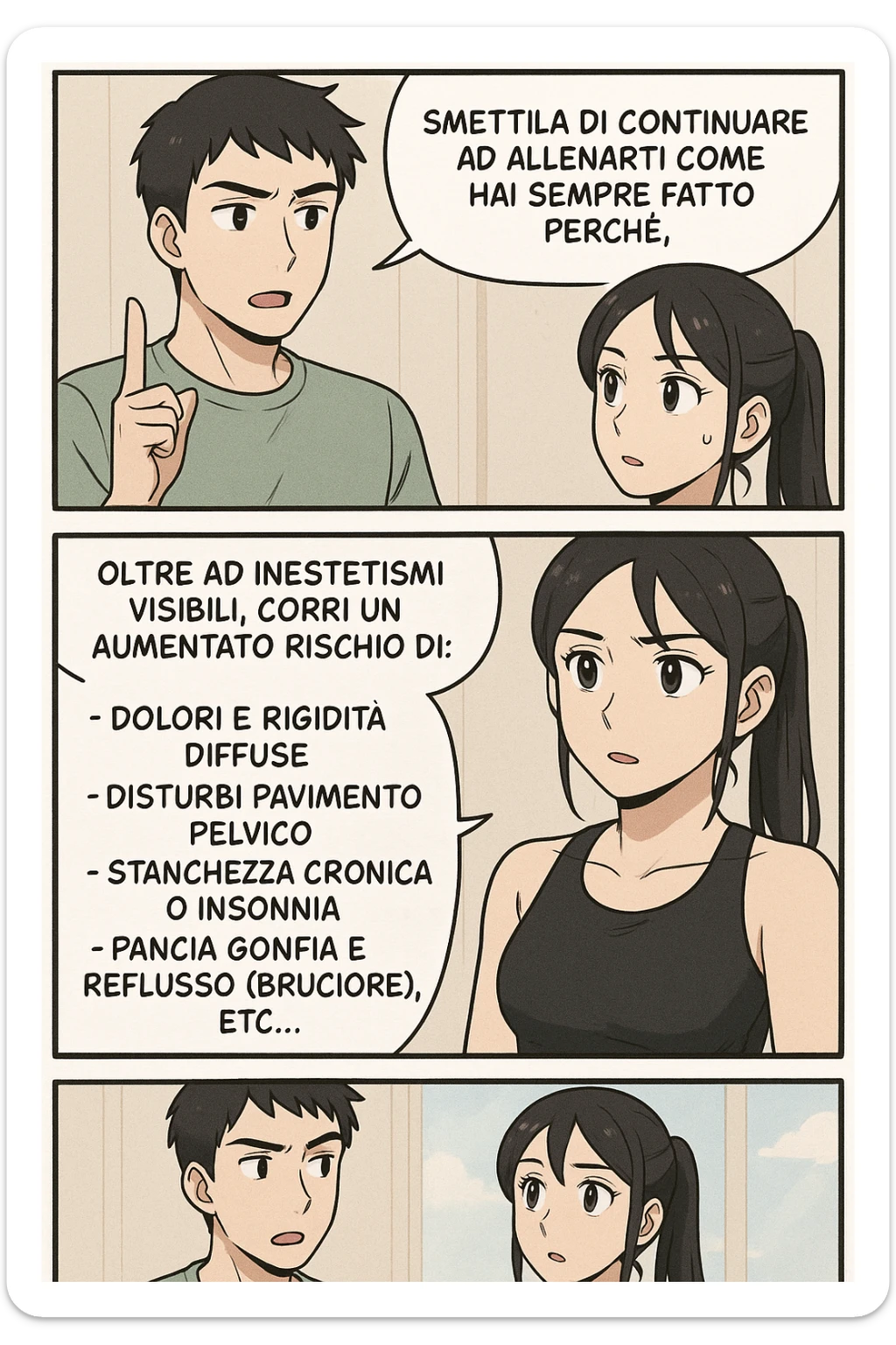 TRASFORMA QUESTO CAROSELLO IN UN FUMETTO STILE MANGA A COLORI CON QUESTE DUE PERSONE IDENTICHE CHE INTERLOQUISCONO TRA LORO:

LUI (UOMO): Smettila di continuare ad allenarti come hai sempre fatto perché, oltre ad inestetismi visibili, corri un aumentato rischio di:
    • dolori e rigidità diffuse
    • disturbi pavimento pelvico
    • stanchezza cronica o insonnia
    • pancia gonfia e reflusso (bruciore)
    • etc… sticker