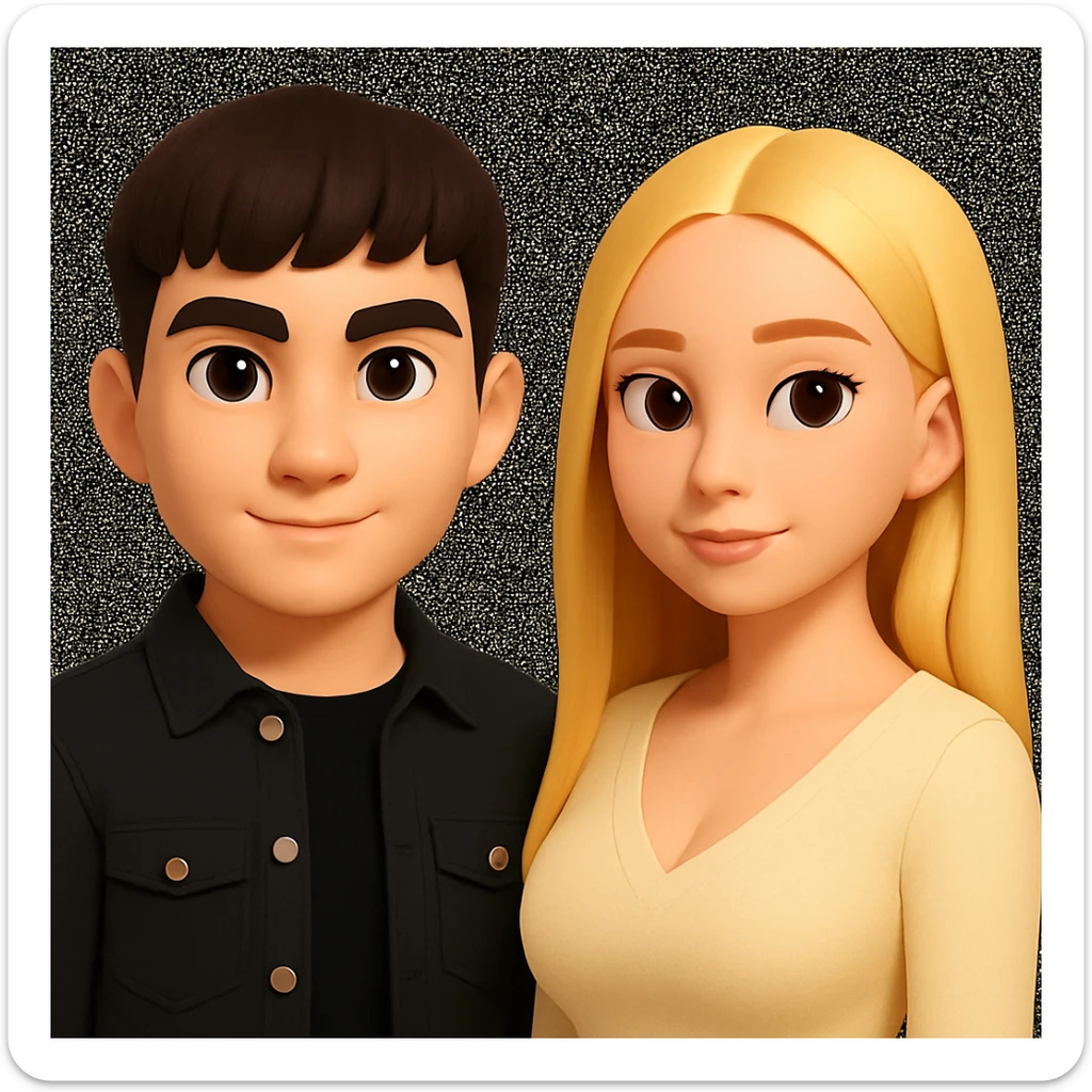 Slightly increase the volume of the upper body of the girl, separate the girl and the boy from each other, make the skin color the same for both characters, while preserving the cartoonish 3D style as shown in the reference image. sticker
