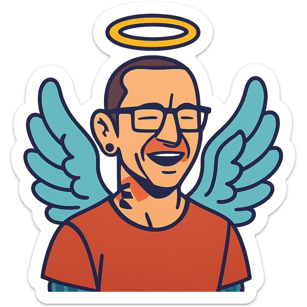 Chester Bennington from Linkin Park with a holy halo and angelic wings sticker