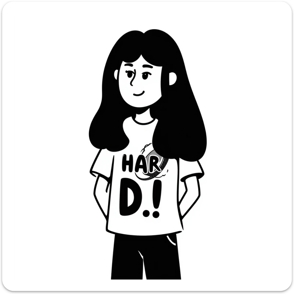 A person with long black hair, wearing a heavy metal band shirt, with a cool smirk on their face sticker