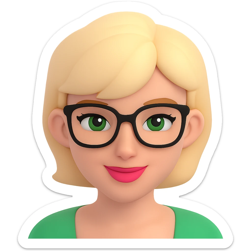 Add stylish glasses to the woman with thick blonde short hair and green eyes in a 3D emoji style. Keep the 3D emoji look consistent and remove the background. sticker
