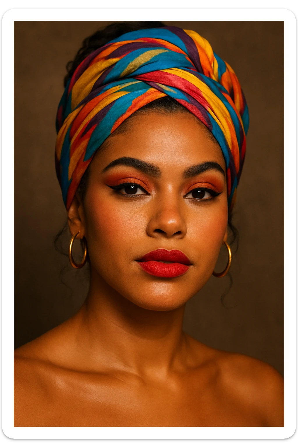 a tanned skin woman with a colorful headscarf and bold makeup, confident expression sticker