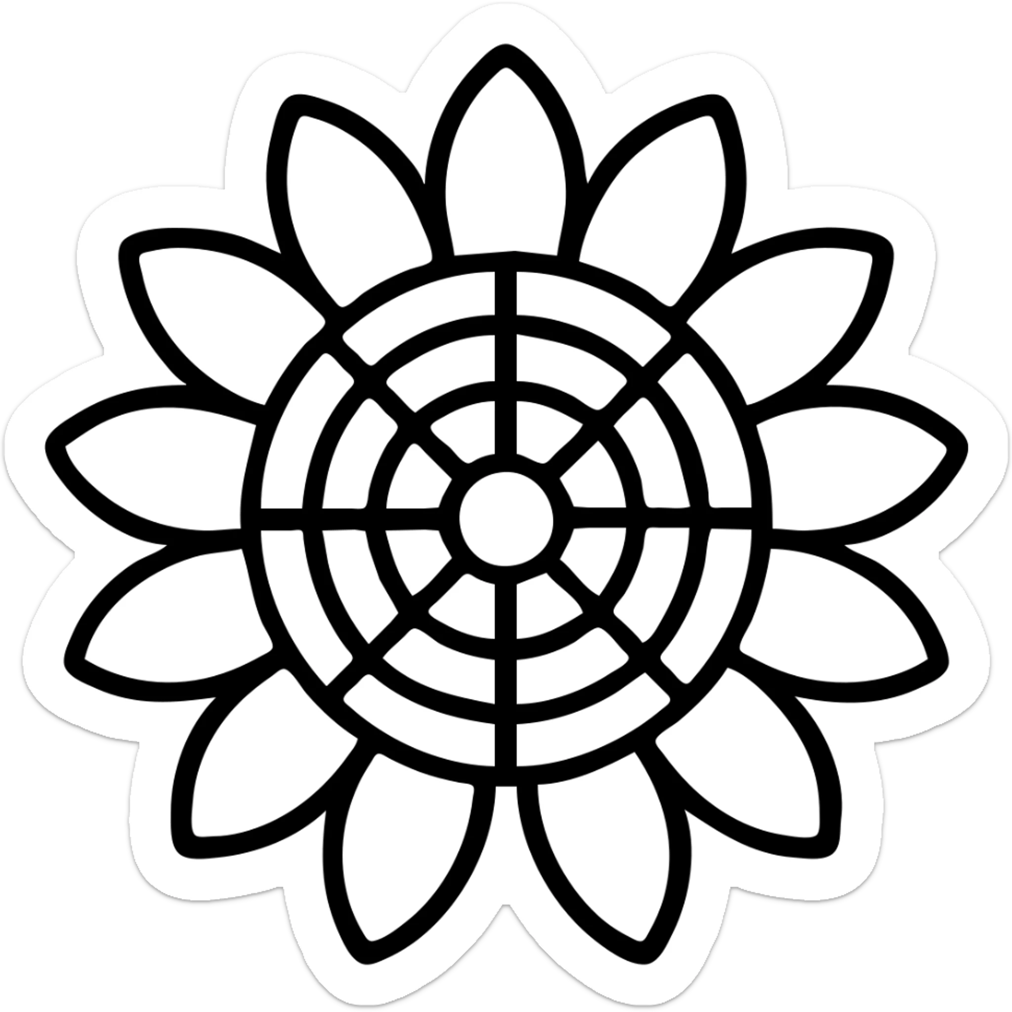 Edit the sunflower flower only (no stem or leaves) by changing the center to a different style while keeping the black and white outline style consistent. Maintain the outlined icon with no fill style and focus on the flower's center detail. sticker