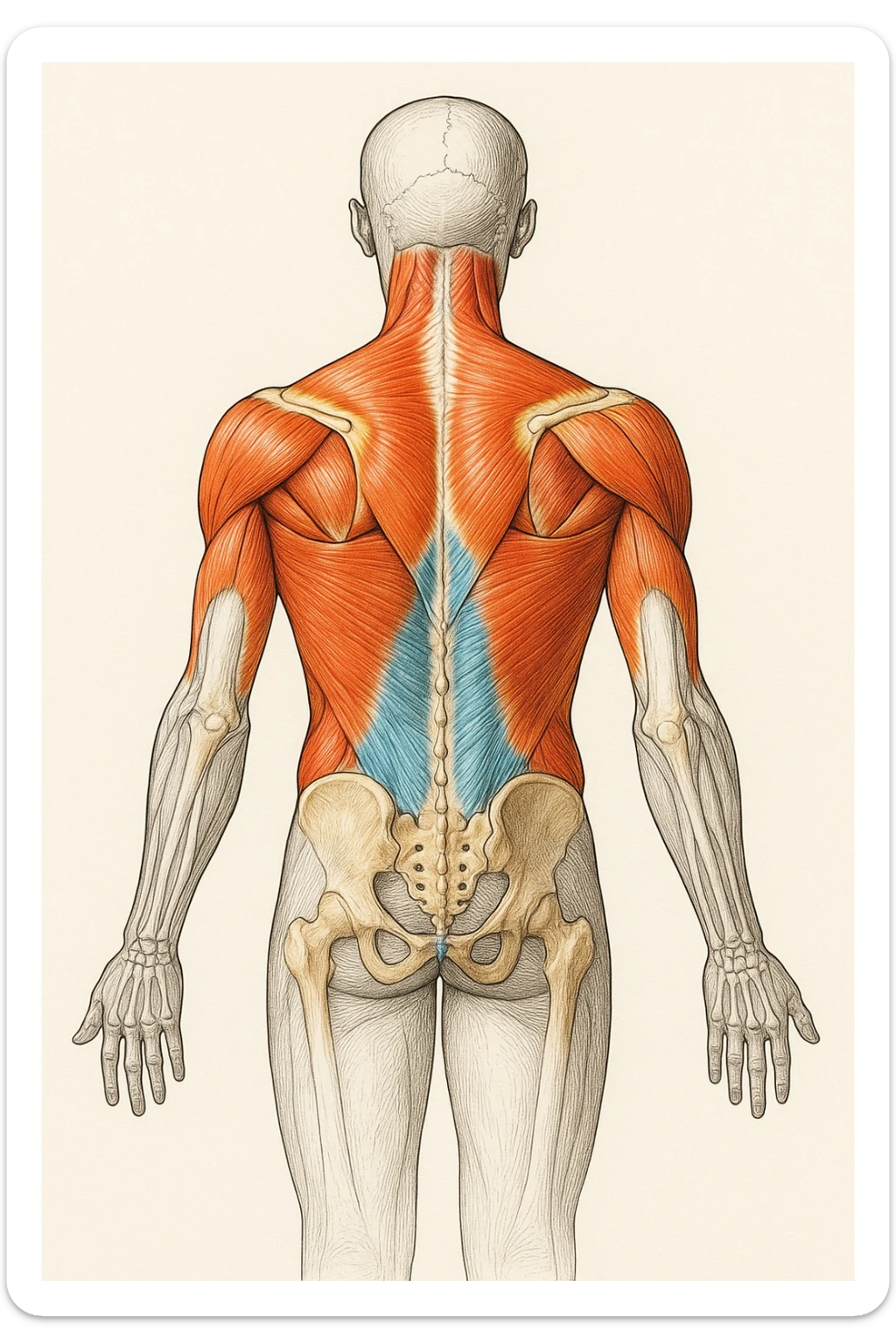 dorso attivo, fammi il dorso colorato e il resto del corpo bianco e nero anatomicamente su sfondo isolato sticker