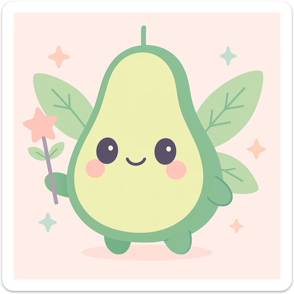 Remove the flower on top of the avocado fairy's head and add a simple green stem instead, keep the rest of the image unchanged. sticker