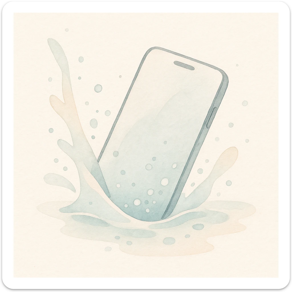 soft watercolor illustration in a minimalist modern style of a phone submerged in water with a lot of splash and bubbles, pastel colors, delicate linework, gentle whimsical mood, minimal soft shading sticker