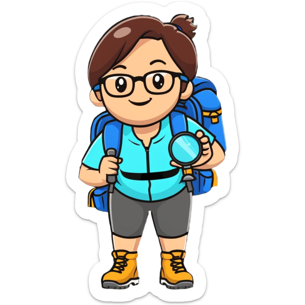 Very cheerful excited woman in her 40s with glasses wearing sporty outfit, hiking boots, and backpack, holding a magnifying glass with big smile sticker