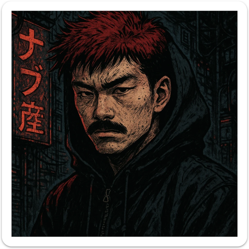 Asian man with black mustache, red hair, black hoodie, gritty cyberpunk manga style, inspired by 90s Japanese comics, moody lighting sticker