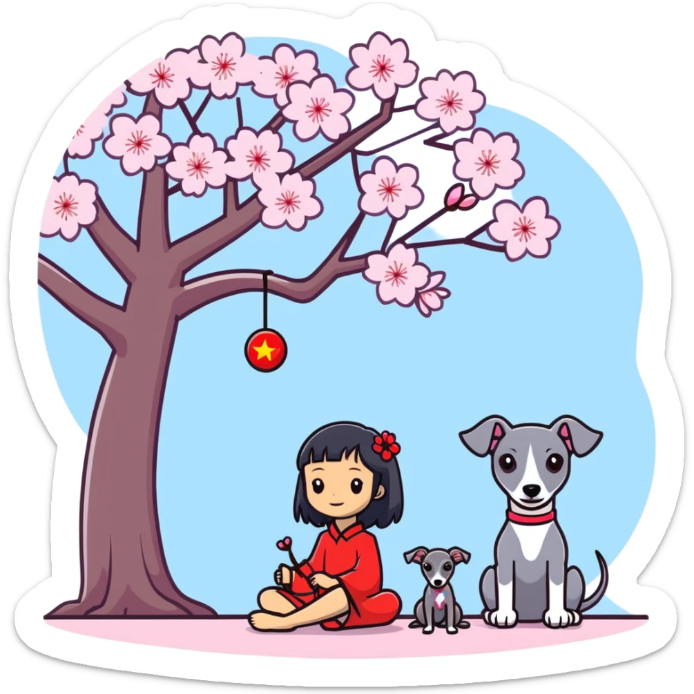 A young Chinese girl with long black hair and a dark grey Italian Greyhound with absolutely no white marks on its body or nose sitting under a cherry blossom tree sticker