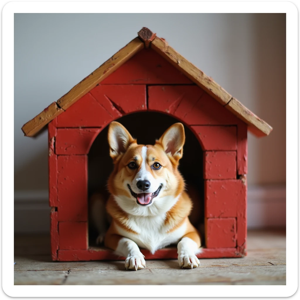 realistic red dog house with a Corgi dog inside, Corgi lying down, photorealistic style sticker