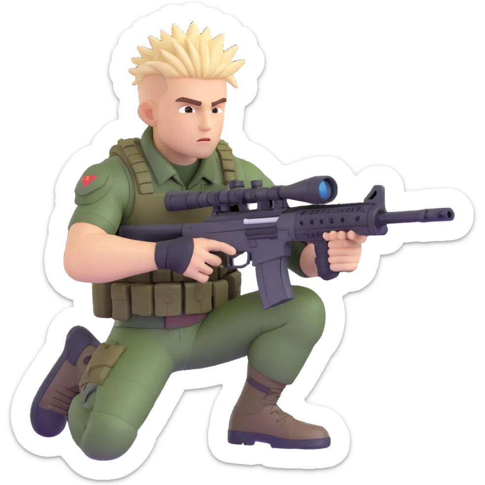 muscular soldier with spiky hair, aiming a sniper rifle, modern military outfit sticker