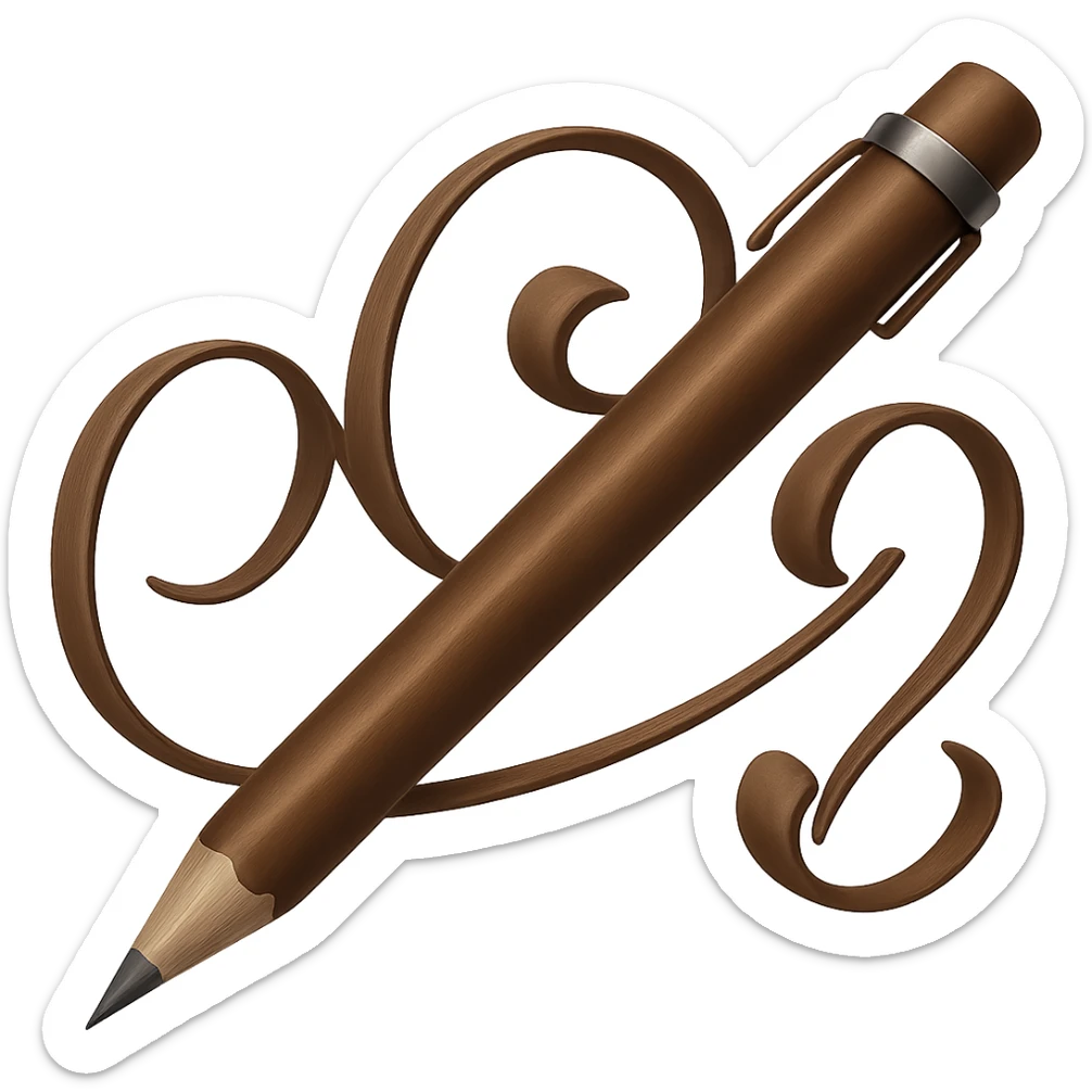 Change the pink writing and pencil to a brown color, keeping the same emoji style and swirly design, with no background. The original style is emoji style, but since emoji style does not support editing, use the general style to preserve the emoji look and swirly design while changing the colors as requested. sticker