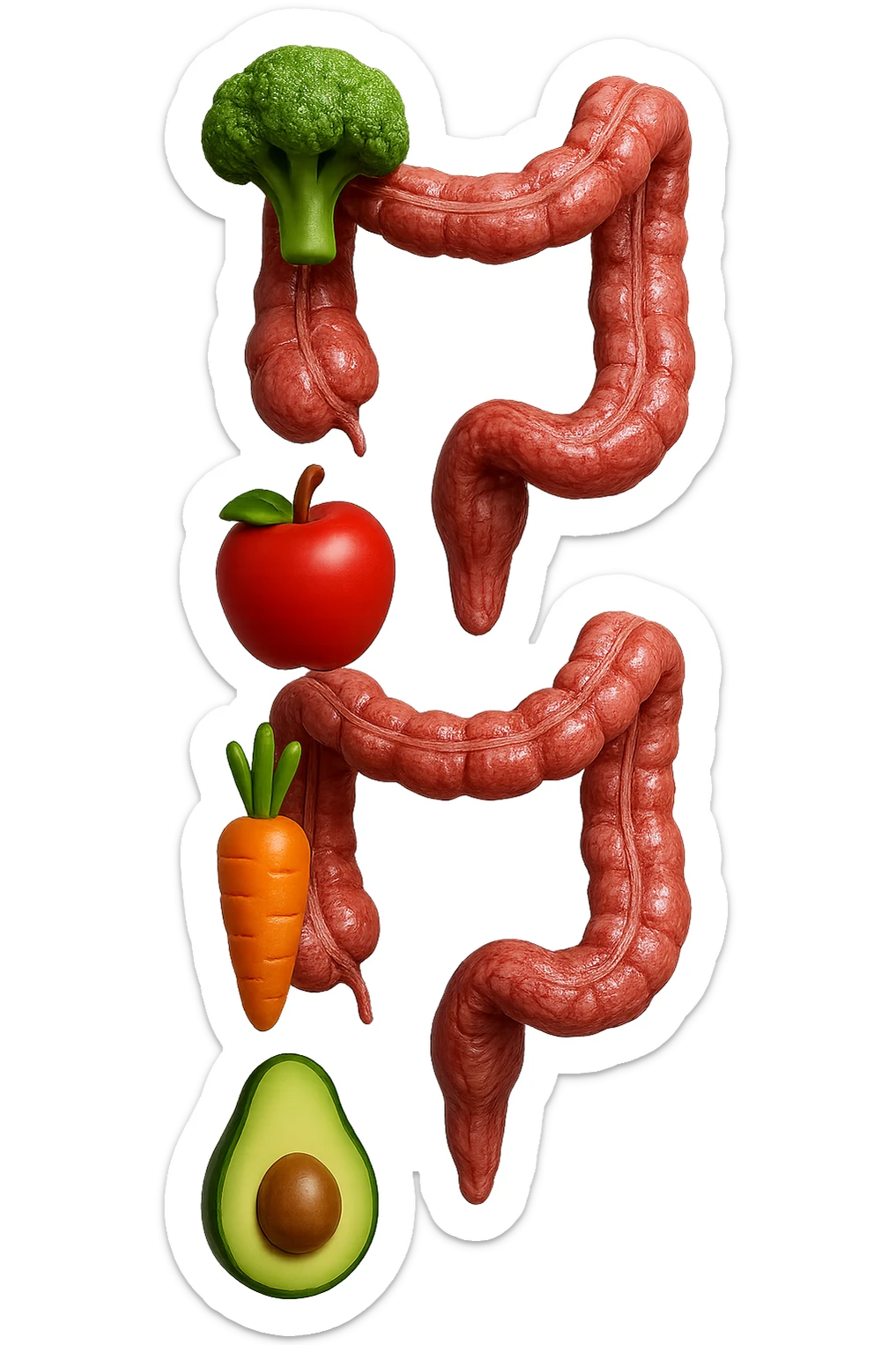 emoji stile iphone in 3d di cibo sano che fluttua in aria vericalmente insieme a pezzi di colon umano anatomico, iperrealistico 4k sticker