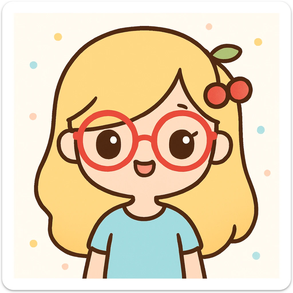 A woman with long blonde hair covering one eye, wearing a baby blue shirt, cherry hair accessories, and red glasses, cute cartoon style sticker