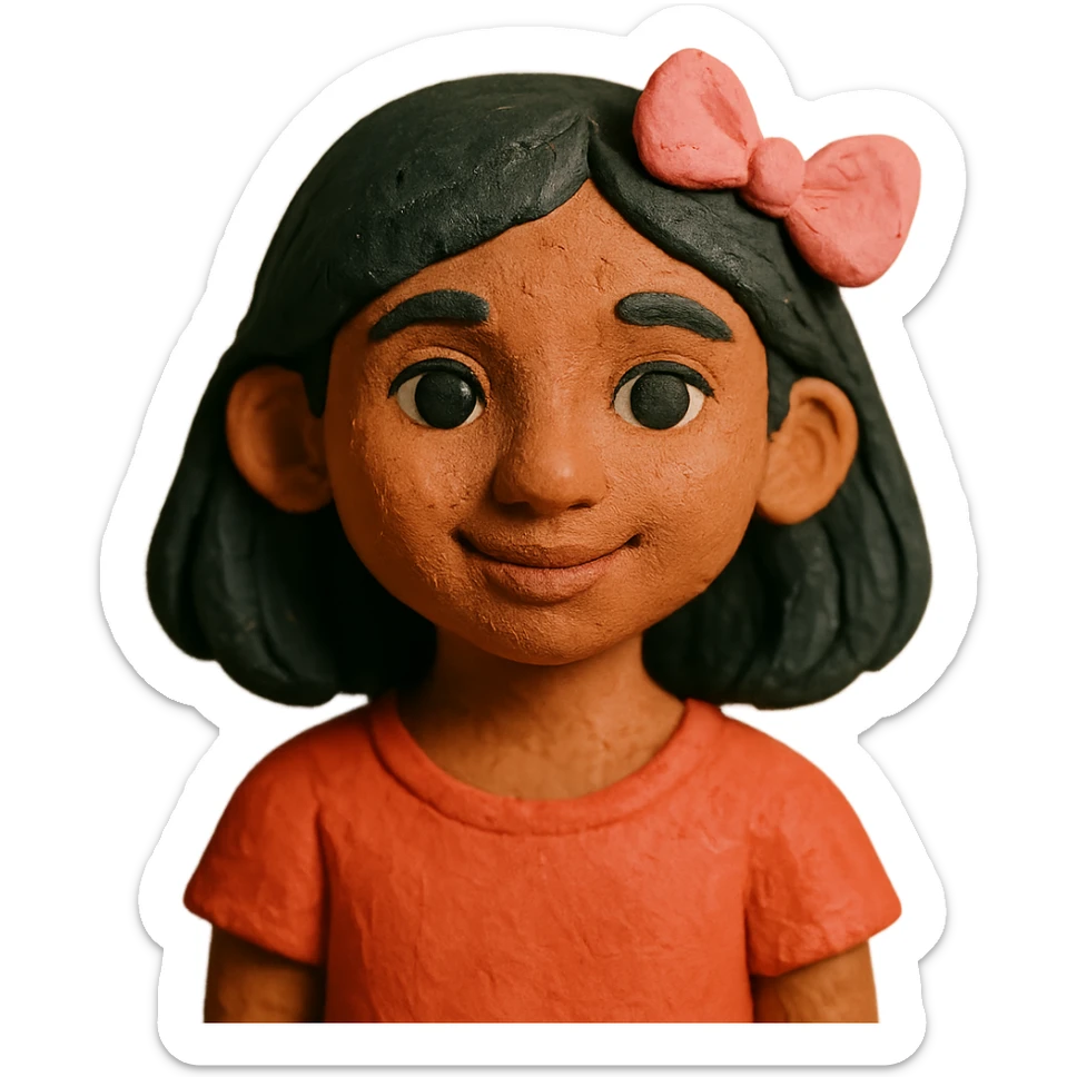 aesthetic portrait of a Sri Lankan girl with dark-ish but light skin, black hair, dark brown eyes, button nose, cute pink bow sticker