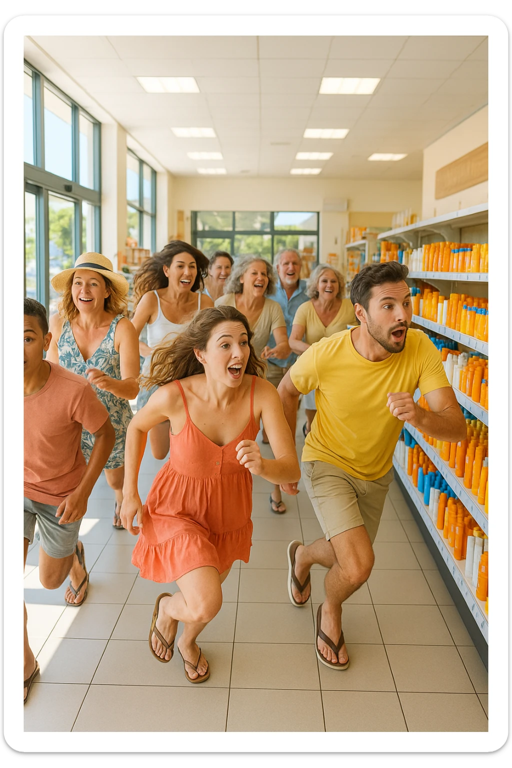 tante persone che corrono a comprare le creme solari in italiano realistiche sticker